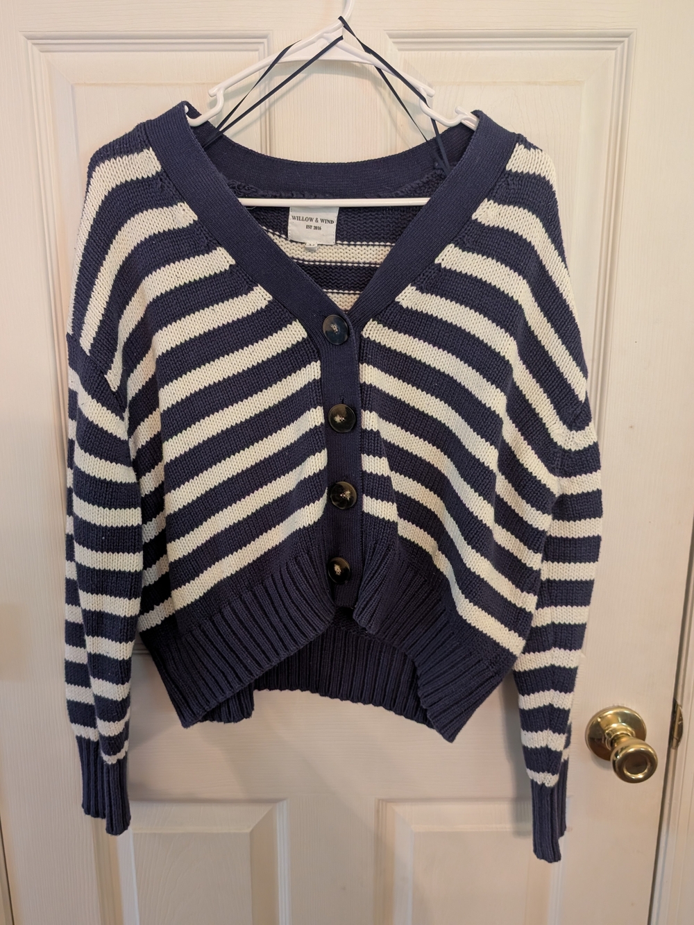 Striped Navy and White Button-Front Women's Cardigan Sweater